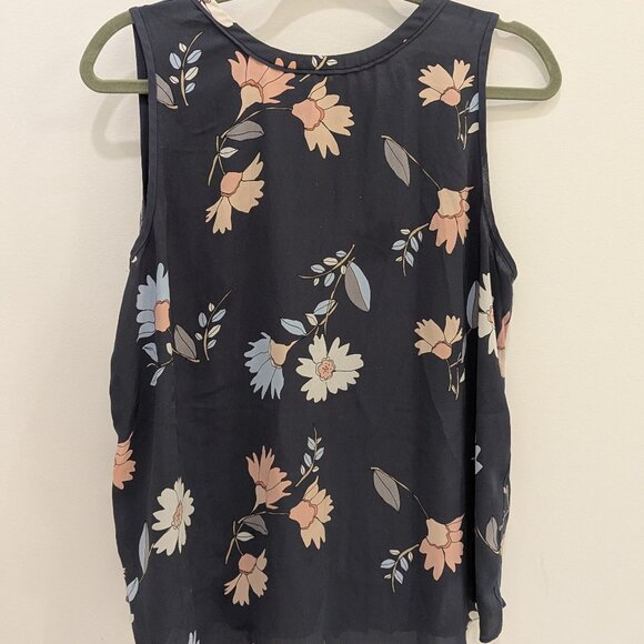 LOFT Navy Blue Seeveless Blouse with Floral Pattern and Keyhole Tie in Back - Picture 1 of 5